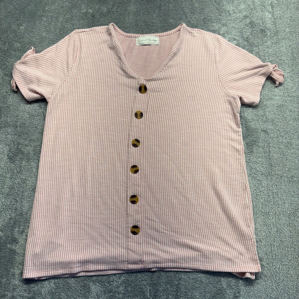 French Laundry Button Front Top Womens L Pink Stripe Good Tie Sleeve V-Neck